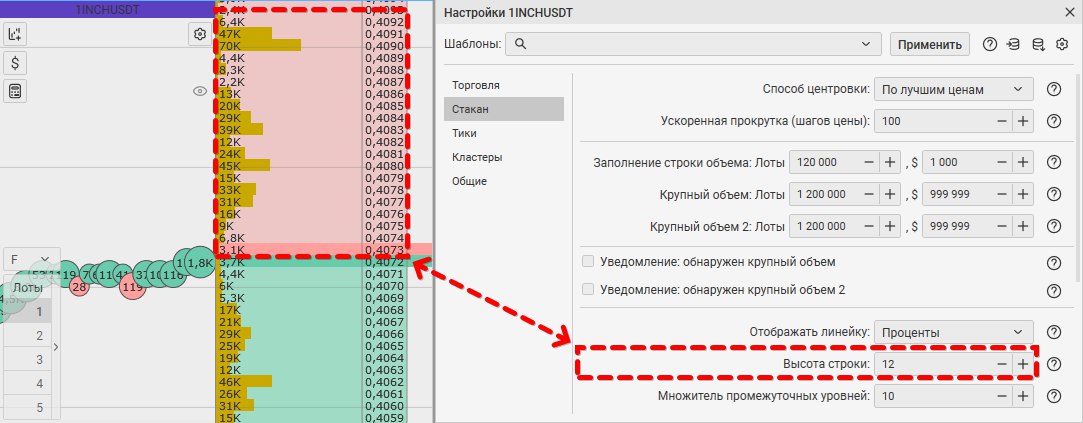 Настройки инструмента по вкладке стакан