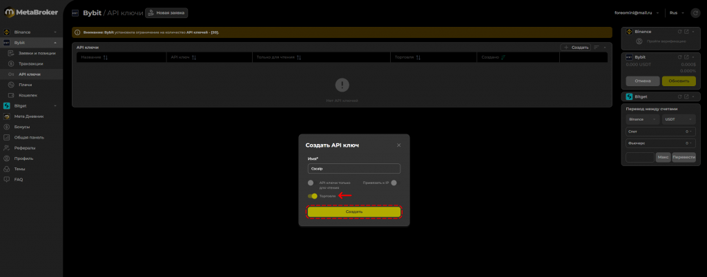 Указываем название ключа, задаем разрешения, кликаем «Создать API Ключ»