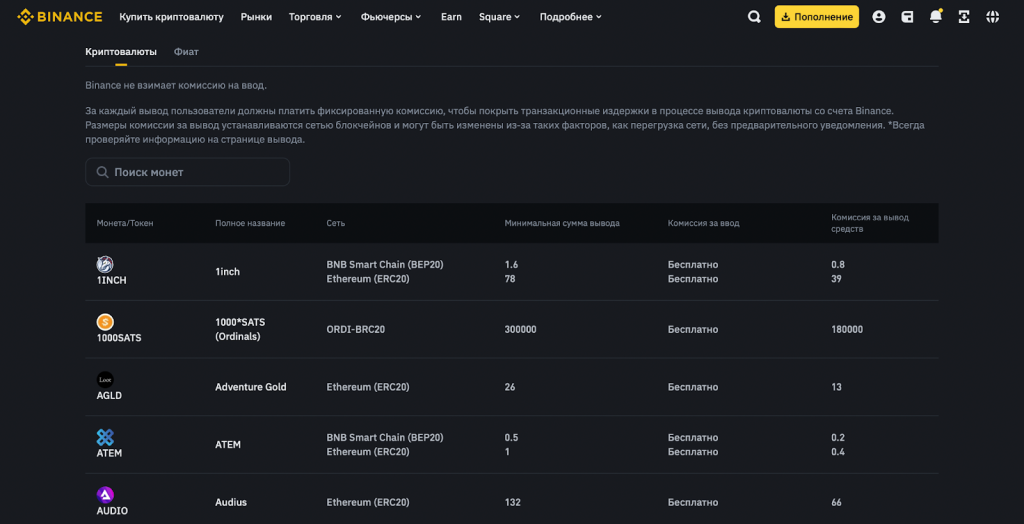 Комиссия за вывод, комиссии Binance