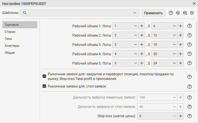 как настроить инструмент, вкладка торговля, вкладка стакан, вкладка тики, вкладка кластеры, вкладка общие, шаблоны