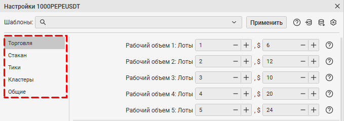 как настроить инструмент, вкладка торговля, вкладка стакан, вкладка тики, вкладка кластеры, вкладка общие, шаблоны