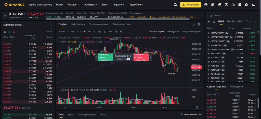 Интерфейс веб-терминала Binance