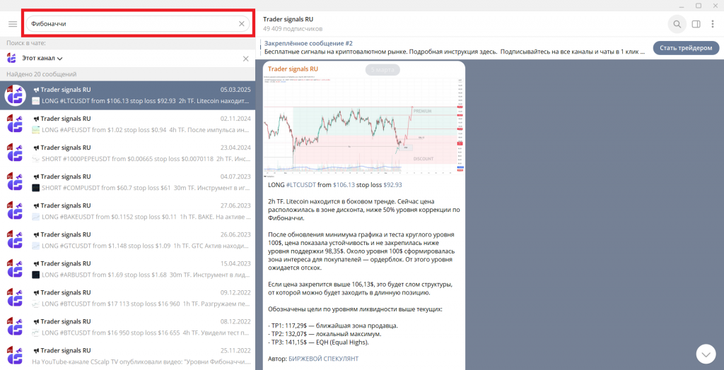 Пример сделки по Фибоначчи в Telegram-канале Trader signals RU