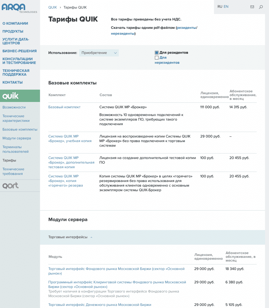 официальный сайт терминала QUIK, тарифы за использование QUIK