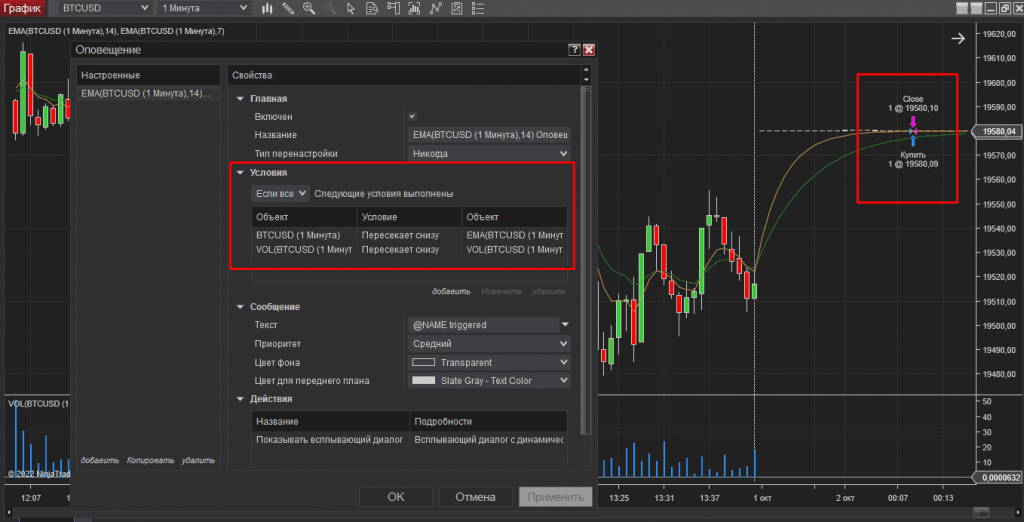 Пример установки оповещения на платформе NinjaTrader