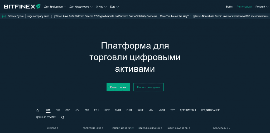 интерфейс криптобиржи Bitfinex