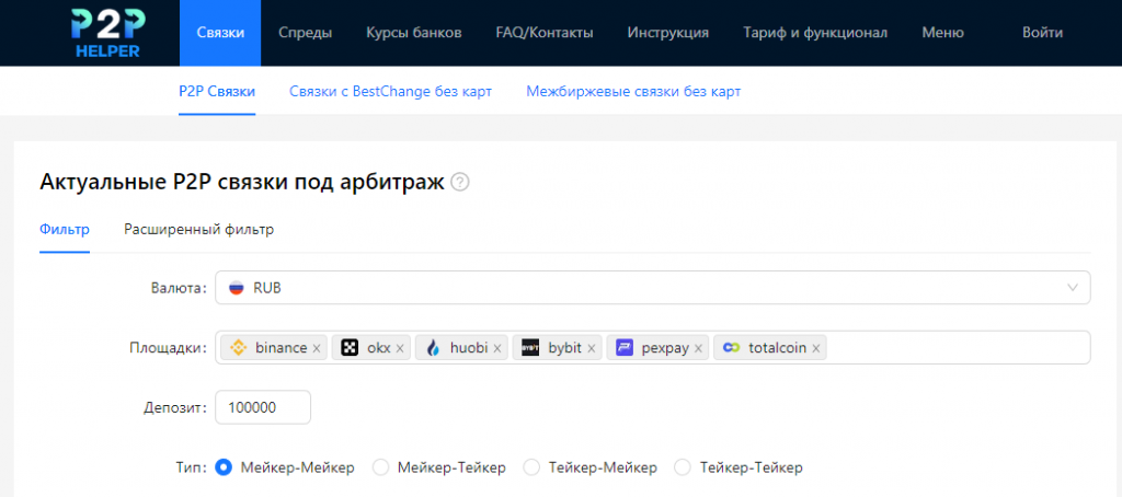 арбитражный скринер P2P Helper, скринер арбитража криптовалют