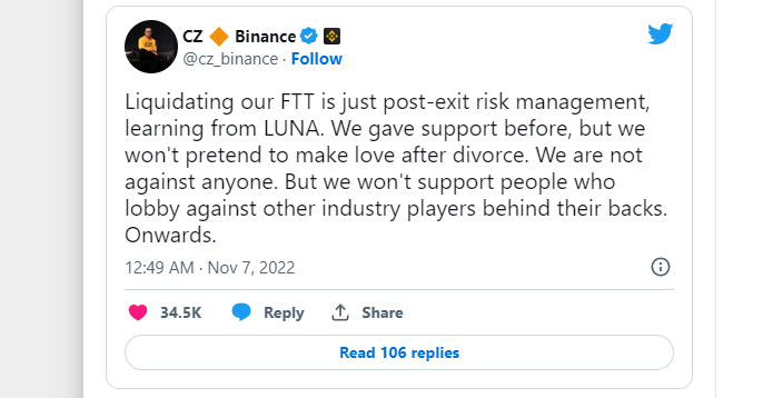 твит CEO Binance Чанпэна Чжао