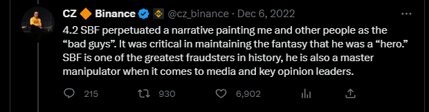 твит CEO Binance Чанпэна Чжао