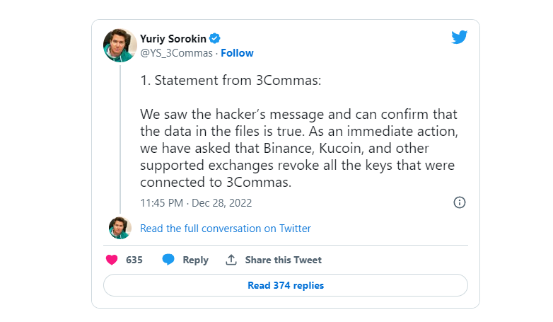 твит CEO 3commas Юрия Сорокина о взломе торговой платформы