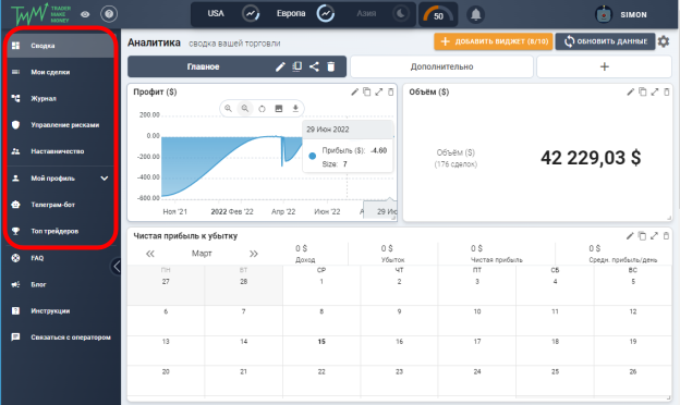 интерфейс дневника трейдера Trader Make Money