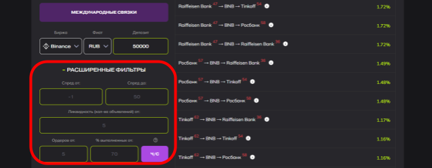 фильтры P2P Machine для поиска арбитражных связок внутри биржи