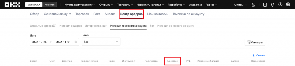 Биржа OKX: комиссии, сохраненные в личном кабинете