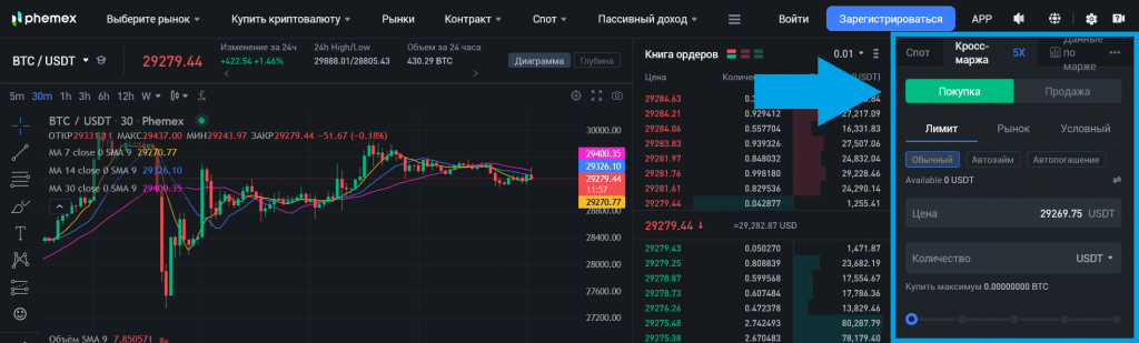 Маржинальная торговля на Phemex, спотовая торговля