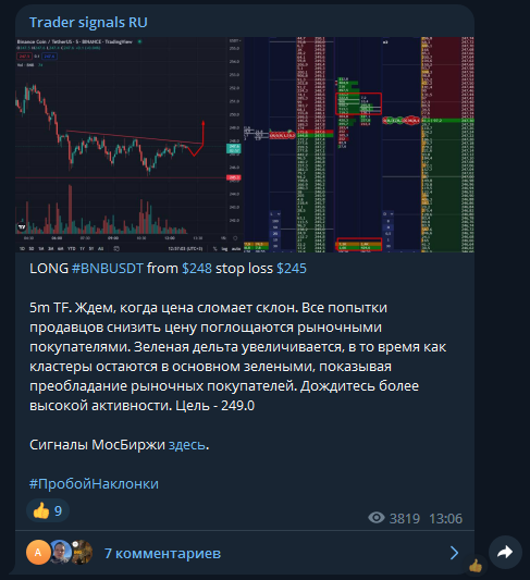 Монеты для скальпинга, сигнал на сделку в канале Trader signals