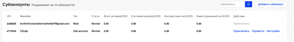 Подключенный субаккаунт Phemex