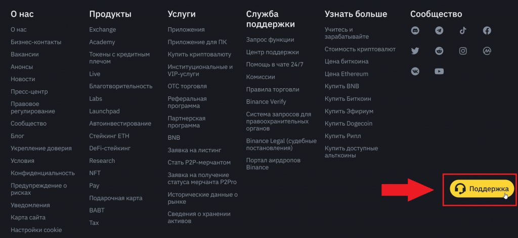 Как написать в службу поддержки на сайте, Binance