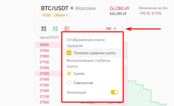 биржевой стакан Binance, настройка визуализации глубины стакана