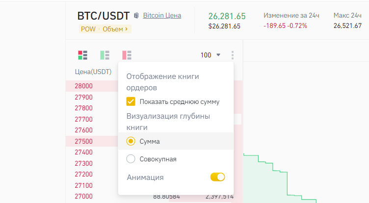 настройка средней суммы в биржевом стакане Binance