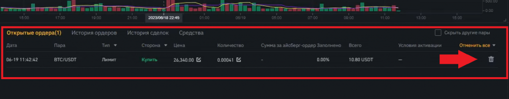 Как отменить ордер на споте, Binance