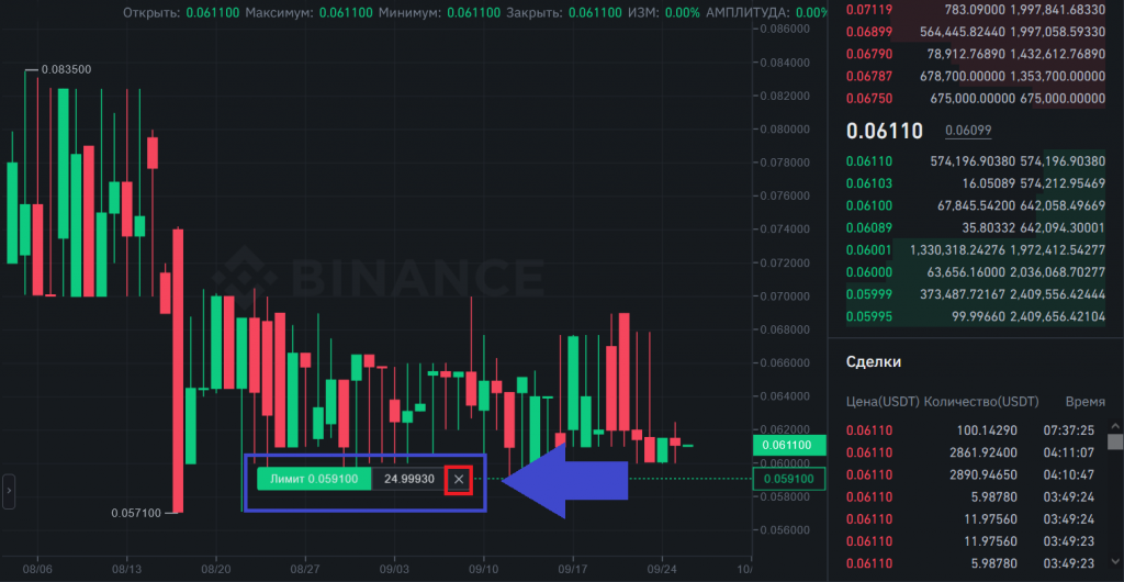 Отмена ордера через график на споте, Binance
