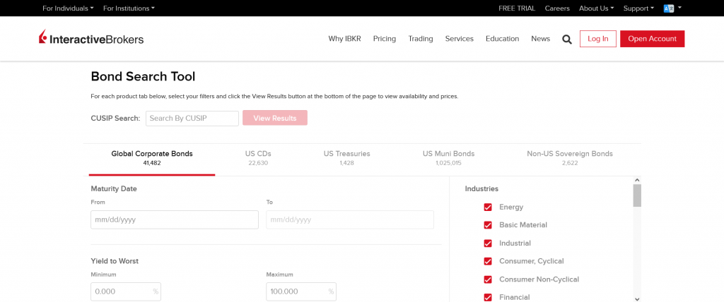 Скринер американских облигаций на сайте Interactive Brokers