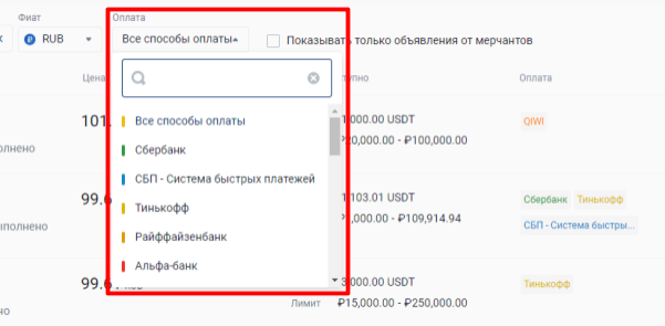 выбор способа оплаты криптовалюты на p2p commex