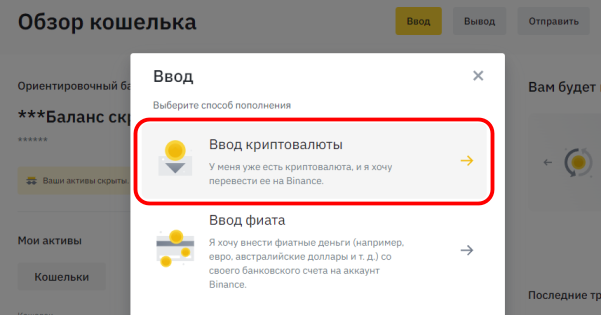 окно выбора способа пополнения аккаунта binance