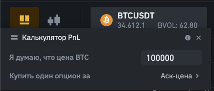калькулятор опционов в веб-интерфейсе Binance