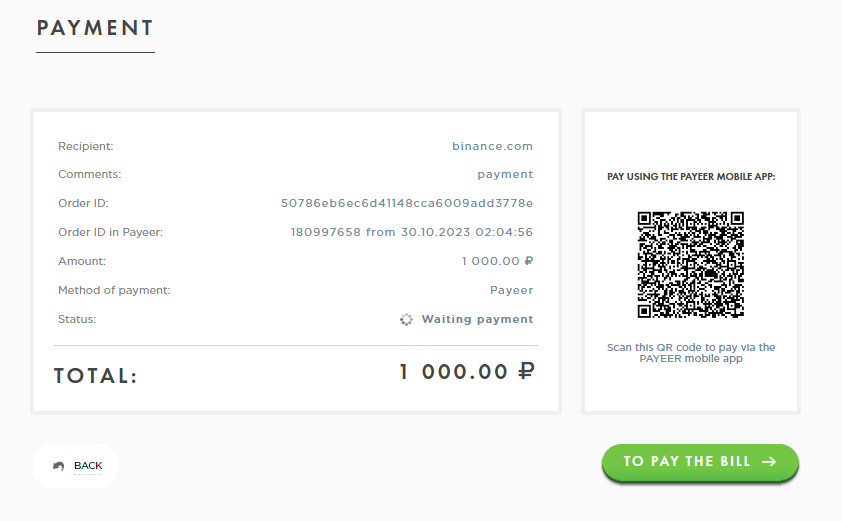 окно ввода фиата на Binance через Payeer