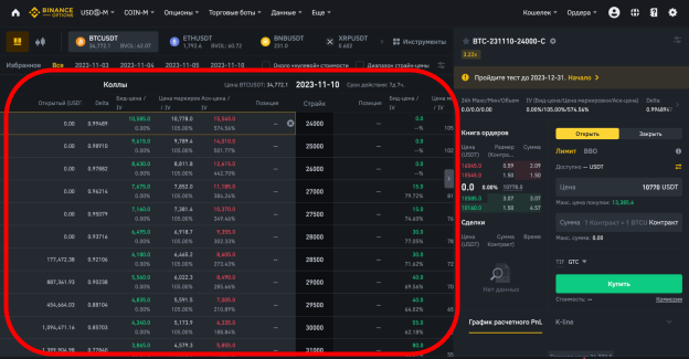 веб-терминал Binance для торговли опционами 