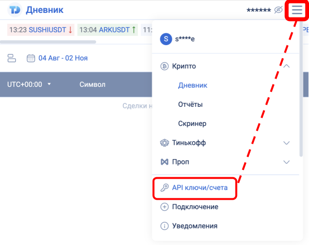 контекстное меню в дневнике Traders Diaries 