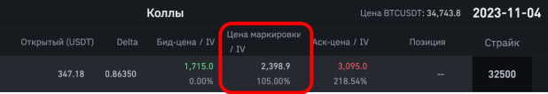 параметр “Цена маркировки / IV” опционов в веб-терминале биржи Binance
