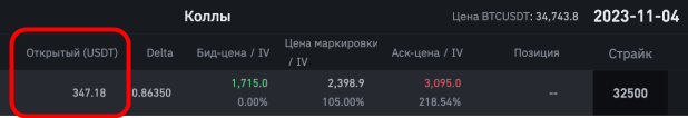 параметр “Открытый интерес в USDT” опционов в веб-терминале биржи Binance