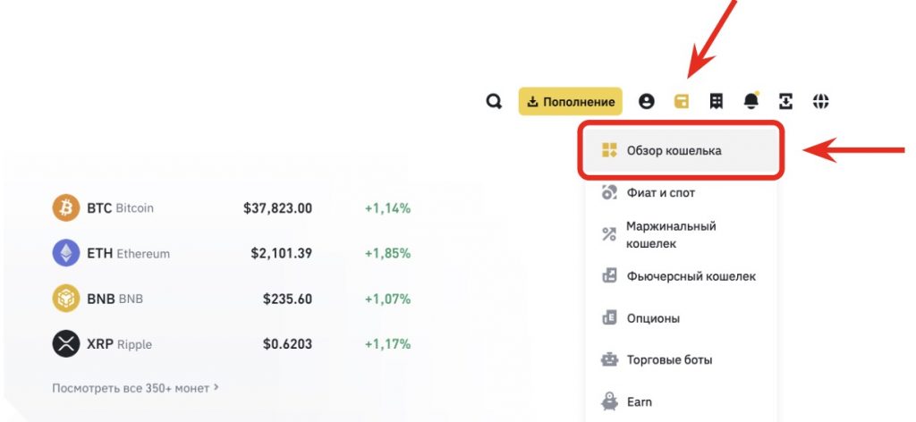 официальный сайт Binance, меню кошелька на Binance