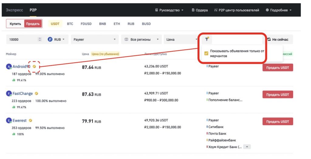 страница P2P-рынка Binance