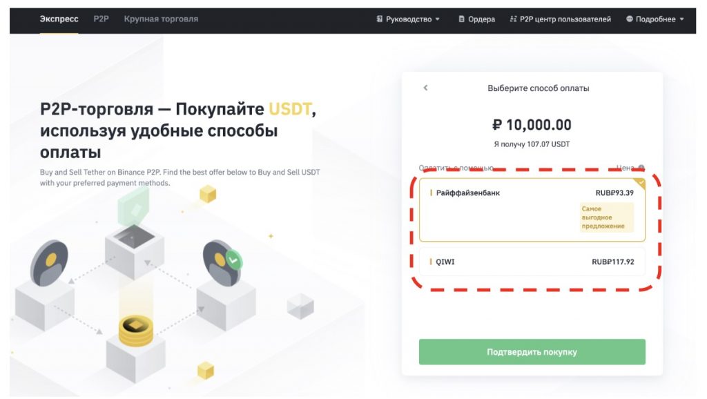 интерфейс обменника Binance P2P-экспресс