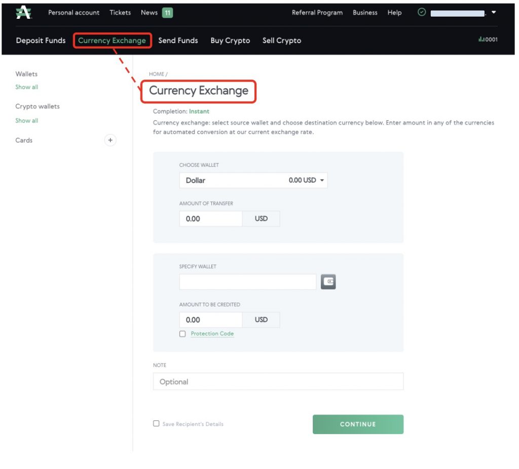 интерфейс валютного обменника AdvCash