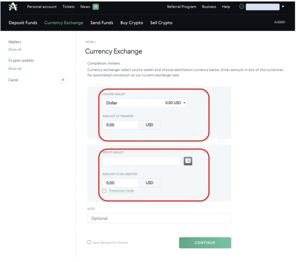 интерфейс валютного обменника AdvCash