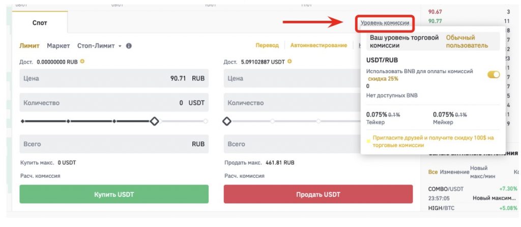 модуль заявок в веб-интерфейсе спотового рынка Binance