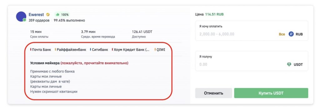 интерфейс P2P-рынка Binance