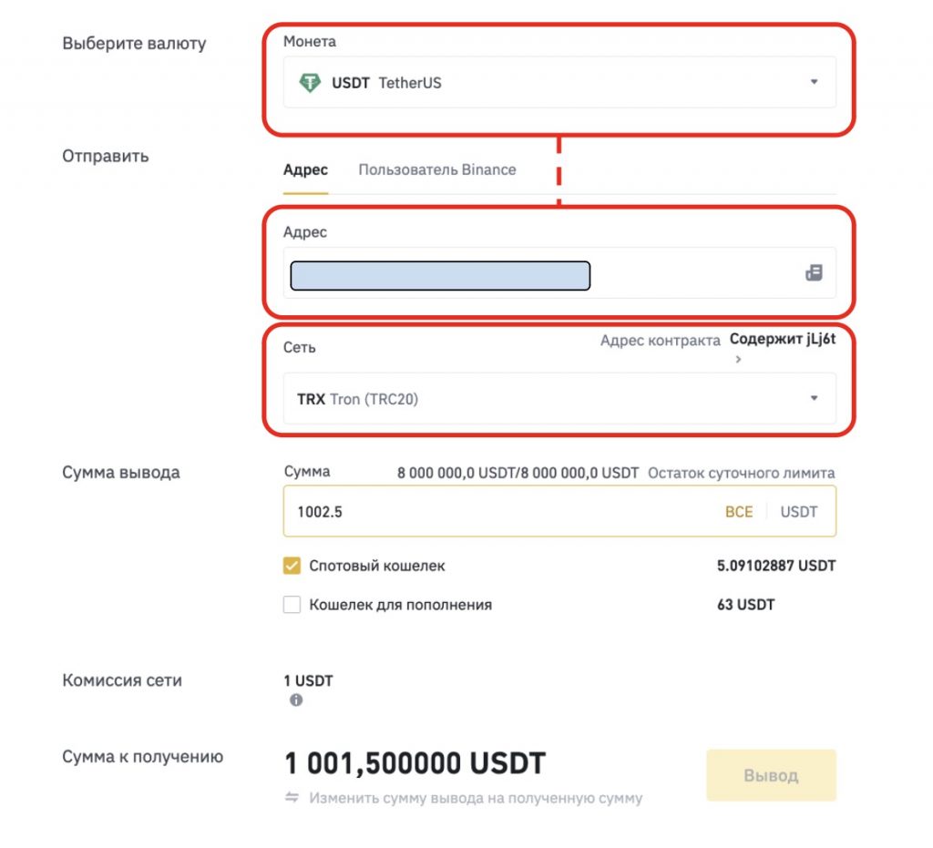 окно вывода криптовалюты с Binance на AdvCash