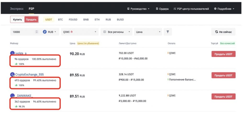 страница P2P-рынка Binance, вывод с Binance на QIWI