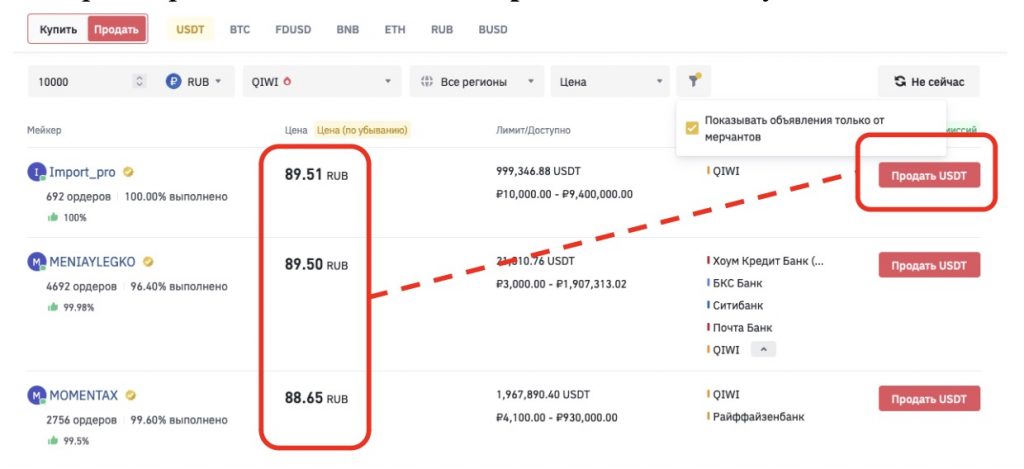 страница P2P-рынка Binance, вывод с Binance на QIWI