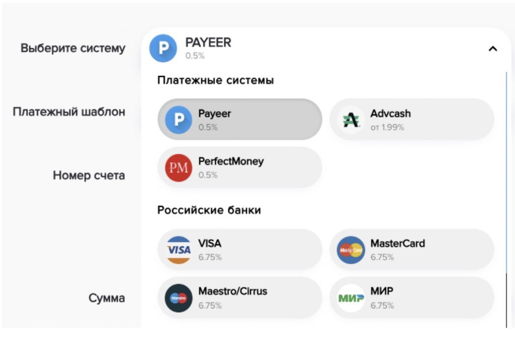интерфейс Payeer, комиссии за вывод средств на банковскую карту