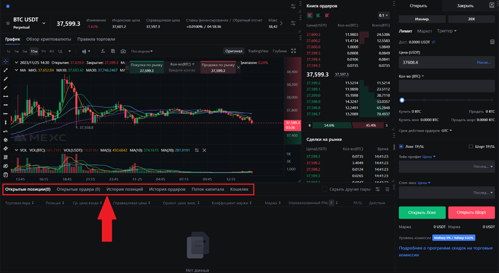 Веб-терминал для торговли фьючерсами USDT-M на MEXC. Открытые позиции и открытые ордера
