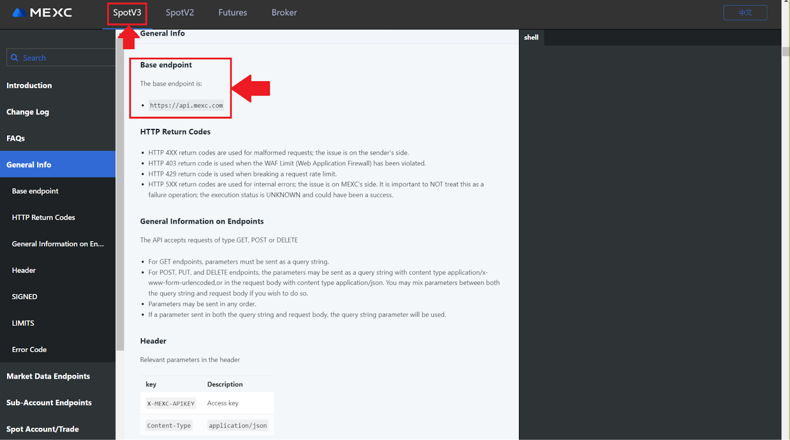 API Document MEXC. Конечная точка для спотовой торговли