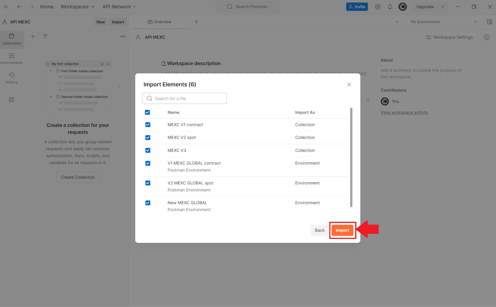 Postman. Копирование элементов API MEXC