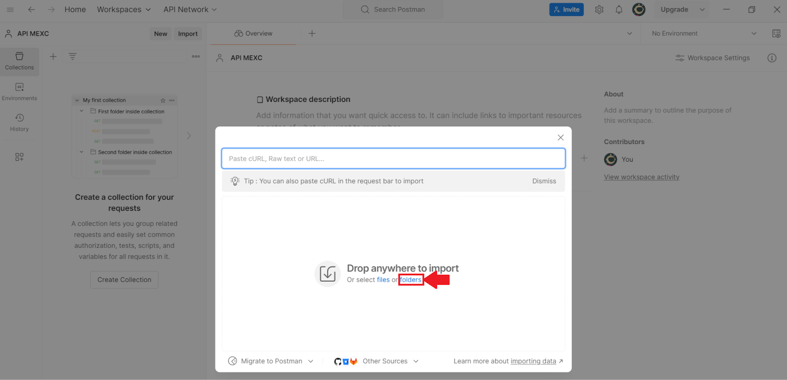 Postman. Выбор папки API MEXC