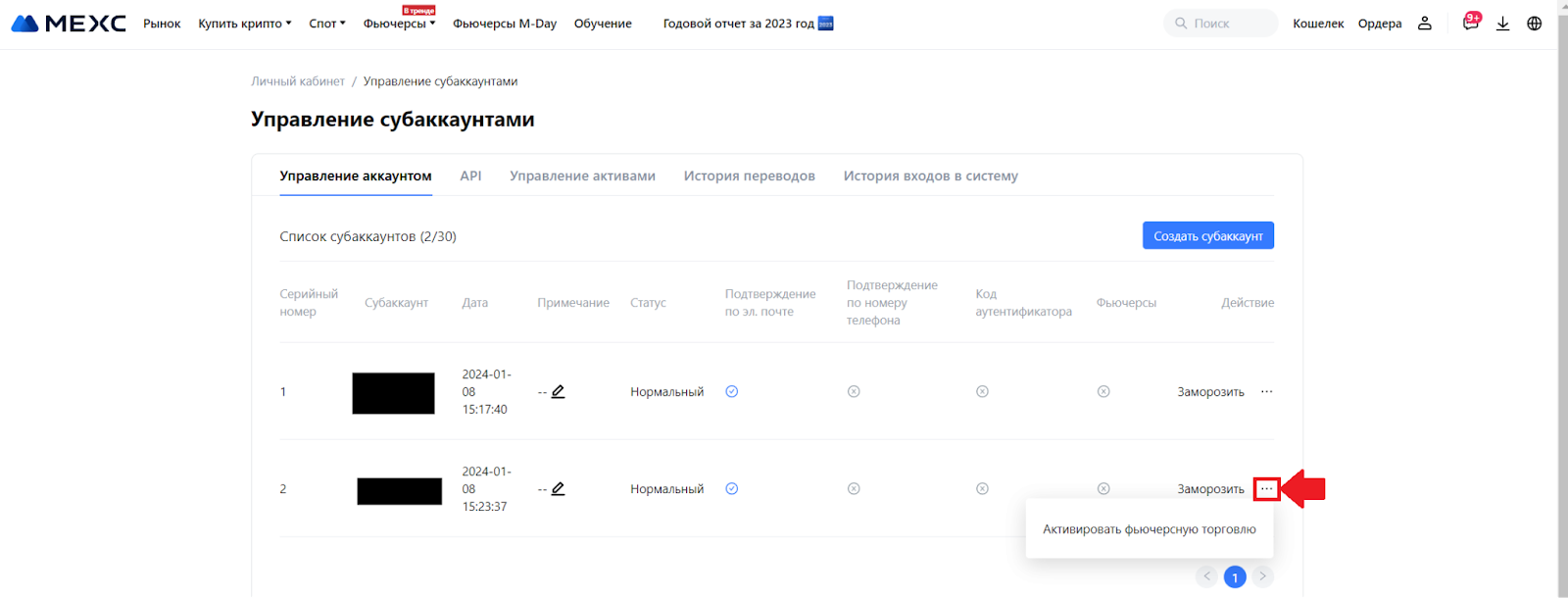 Раздел «Управление аккаунтом» на странице «Управление субаккаунтами». Действия с субаккаунтами для торговли через API